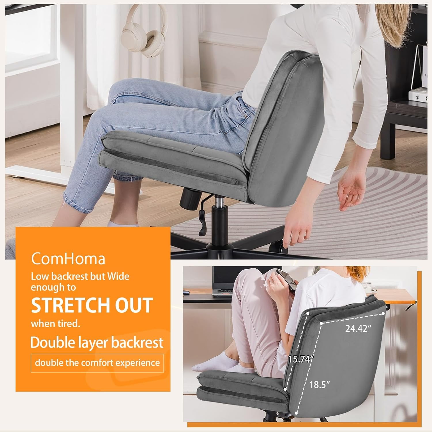 COMHOMA Armless Office Desk Chair with Wheels, Fabric Padded Cross Legged Office Chair, Modern Swivel Vanity Chair Height Adjustable Wide Seat Computer Task Chair, Gray
