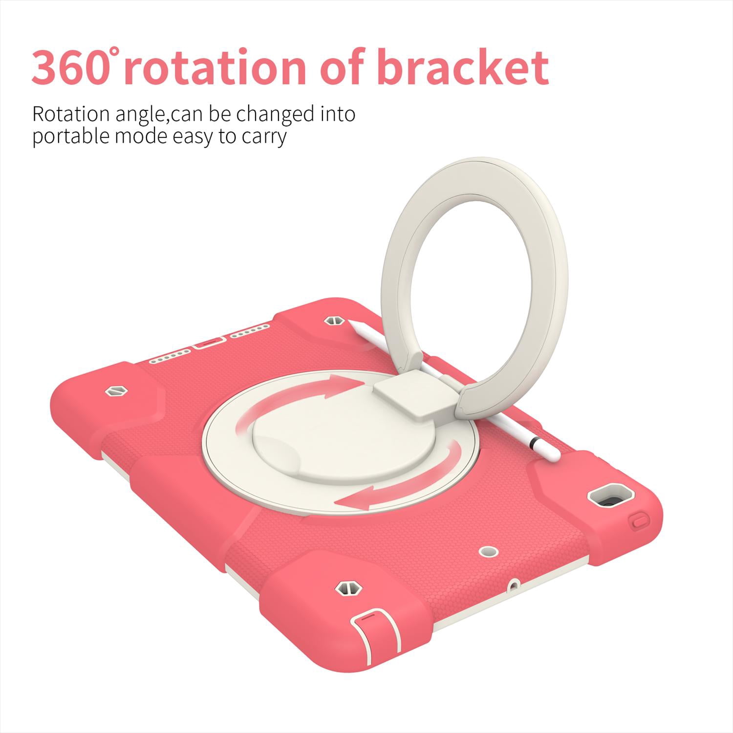 Allytech Case for iPad 9th/8th/7th Generation 10.2", Kids Case with 360° Rotating Folding Ring, Pencil Holder, Strap Drop-Proof Case for iPad 9/8/7 Gen 2021/2020/2019, Begonia Red