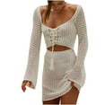 thumbnail image 2 of TMOYZQ Womens Crochet Swimsuit Cover Up Long Bell Sleeve V Neck Tie Front Cut Out Summer Knit Beach Dress Vacation Outfits, 2 of 9