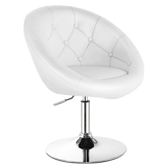 Gymax Adjustable Modern Swivel Round Tufted Back Accent Chair PU Leather White New