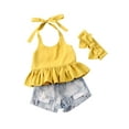 thumbnail image 6 of Toddler Kids Baby Girls Clothes Sets Orange Solid Sleeveless Belt Ruffles Vest Dress+Denim Shorts 3pcs, 6 of 8