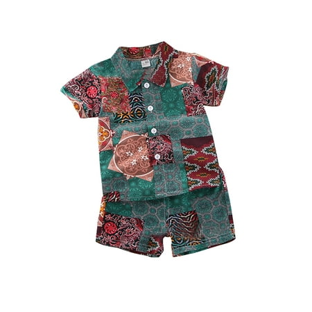 

EHTMSAK Infant Baby Toddler Children Boy Beach Clothing Set Floral Shirts and Shorts Set Short Sleeve Outfits Summer Green 5M-4Y 80 90 100 110