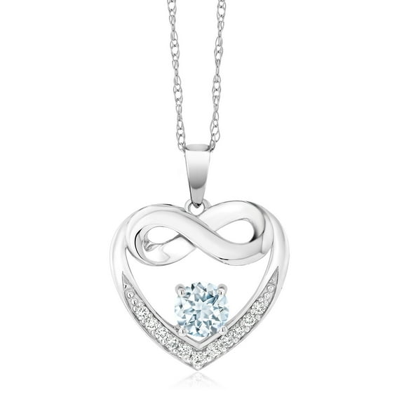 Gem Stone King 10K White Gold Sky Blue Aquamarine and White Lab Grown Diamond Heart and Infinity Pendant Necklace for Women (0.92 Cttw, Round 5MM, with 18 inch Silver Chain)
