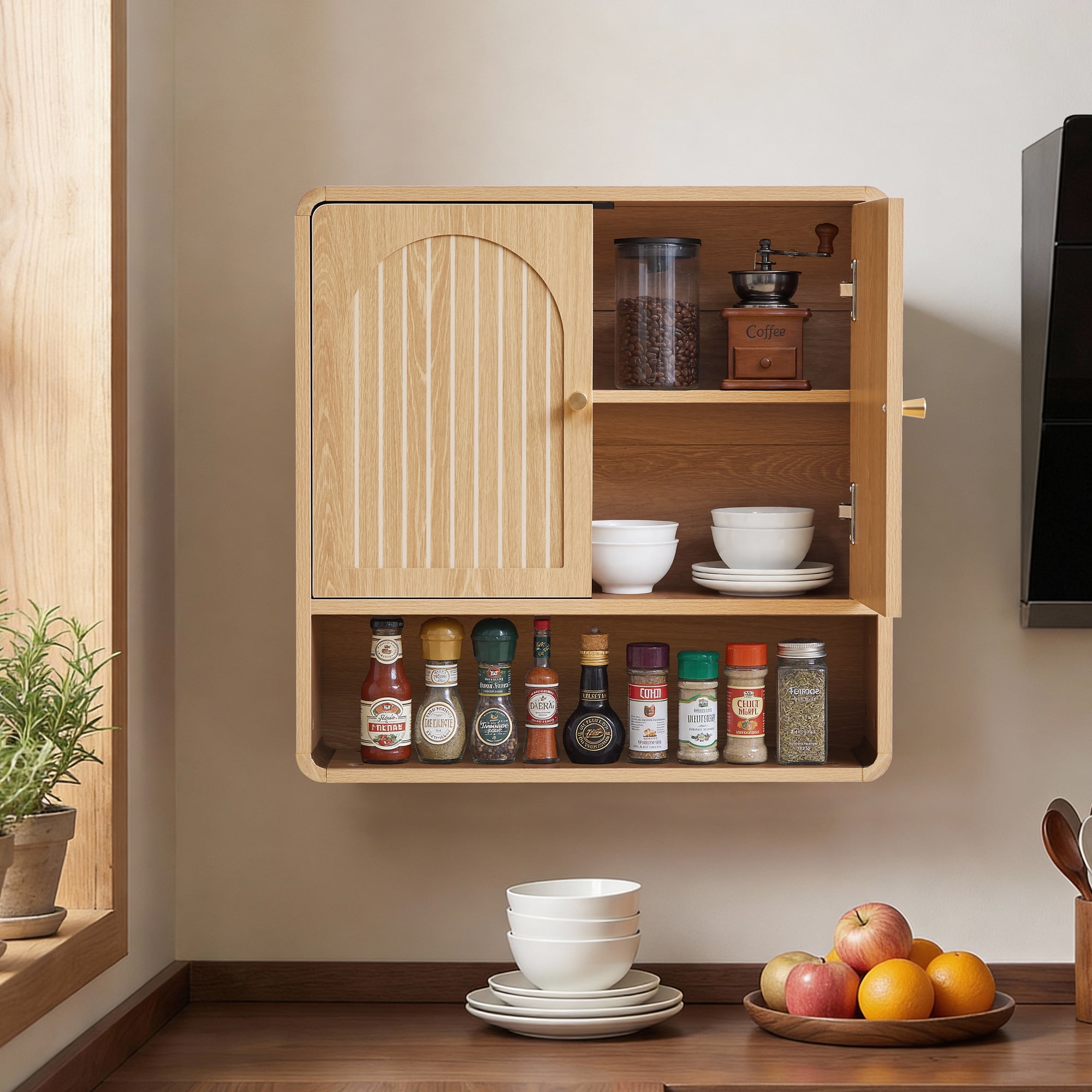 Wirrytor Modern Fluted Medicine Cabinet Storage, Wooden Bathroom Wall Cabinet with Hanging Rod Adjustable Shelf, Natural Oak