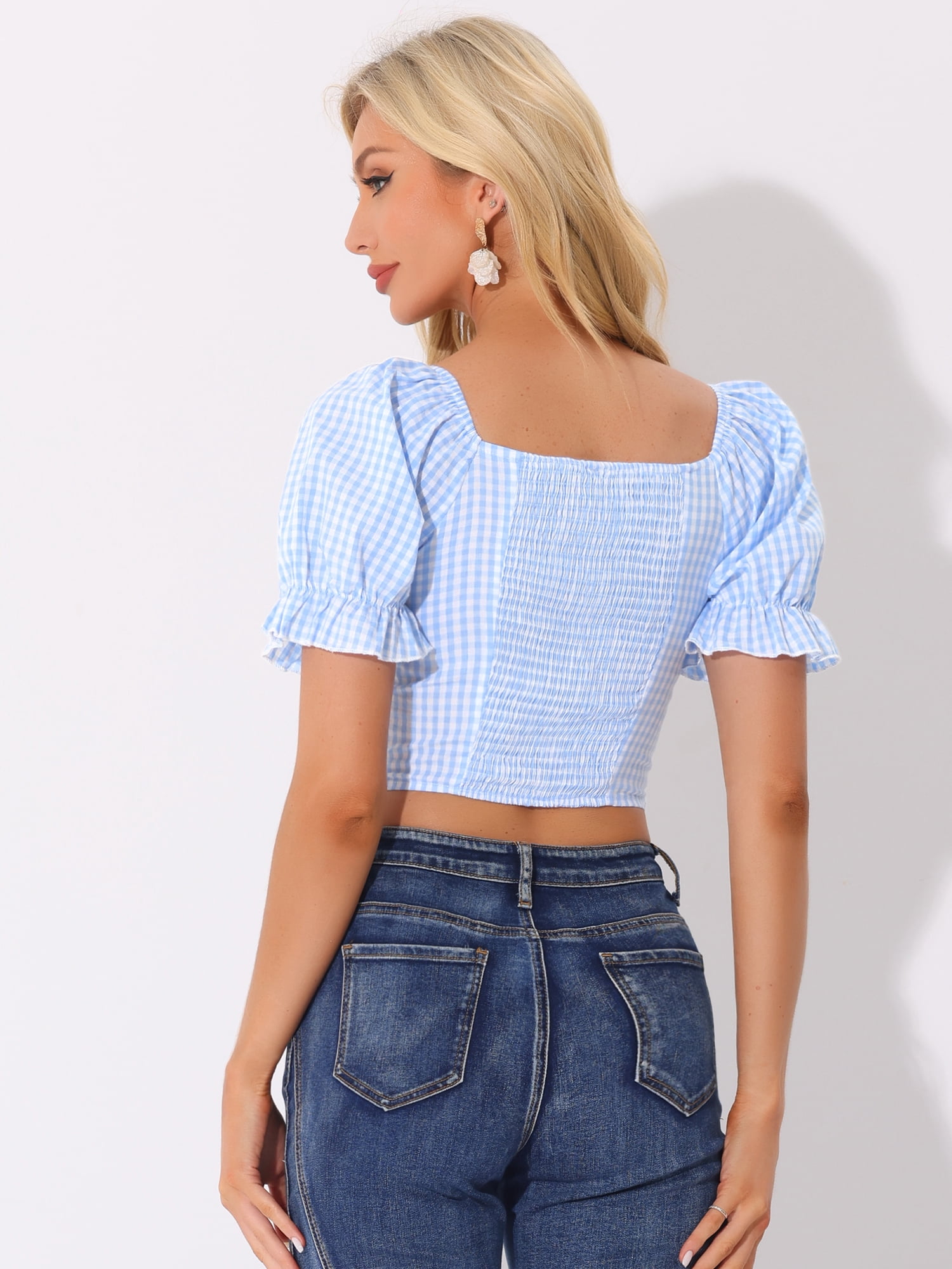 DARING DIVA Women's Smocked Crop Bubble Sleeve Peasant Gingham Tops L Light Blue