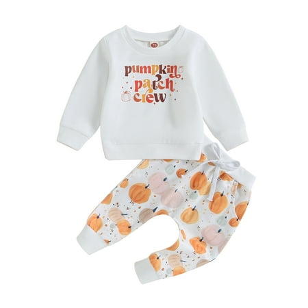 

Baby Boys Pants Set Long Sleeve Crew Neck Letters Print Sweatshirt with Pumpkin Sweatpants Halloween Clothes 0-3 Years