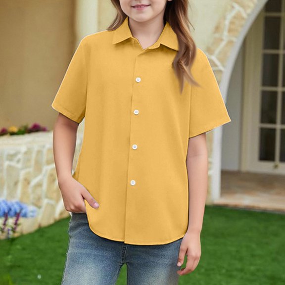 Domuza Girls Button Down Shirts Kids Summer Short Sleeve Dress Shirts School Uniform Blouse Yellow 11-12 Years