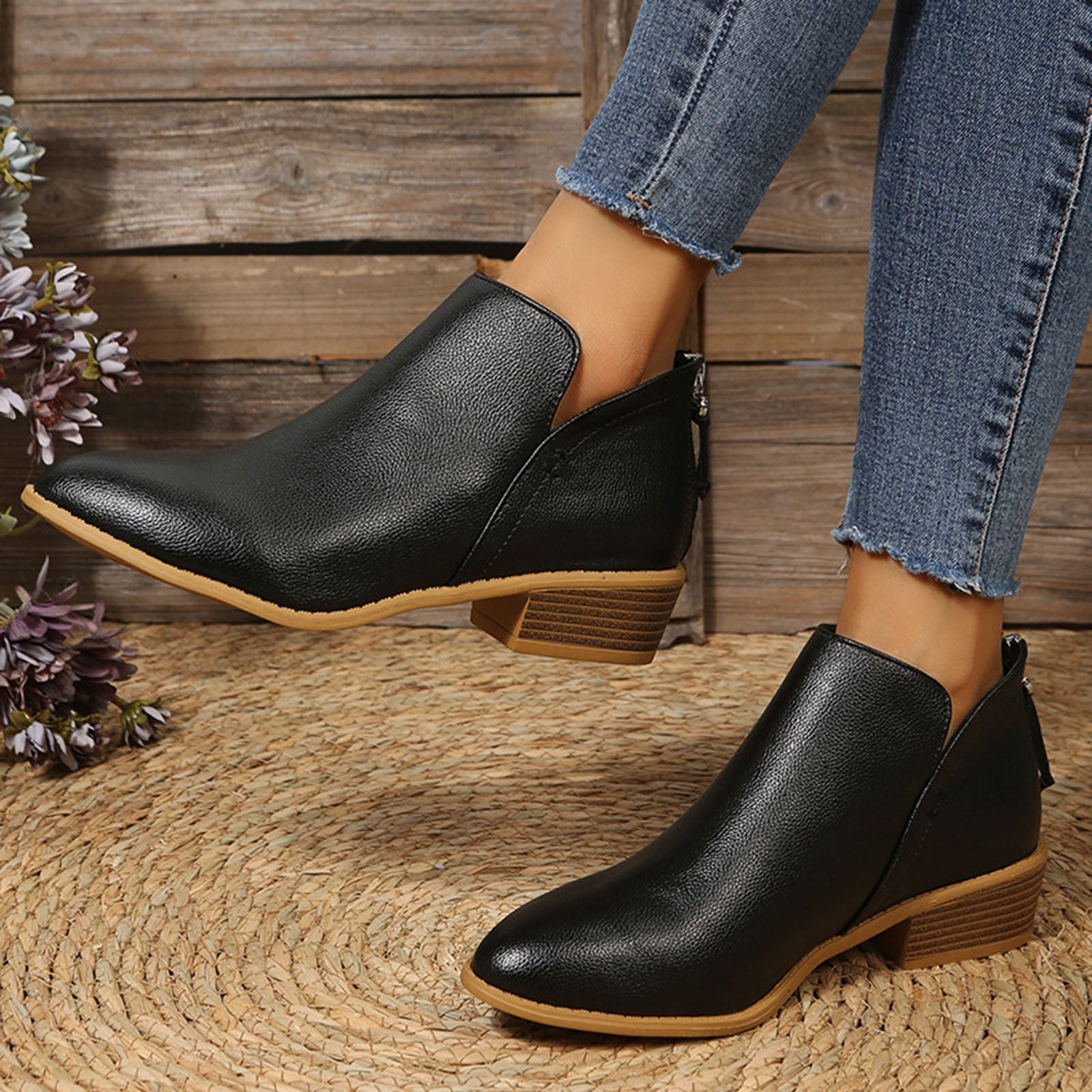 EGNMCR Ankle Boots for Women Women s Fashion Color Boots Chunky Heel Low Heel Pointed Toe Back Zipper Short Boots Walmart