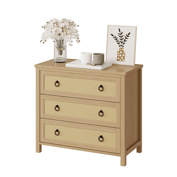 Boho Rattan 3-Drawer Dresser – Freestanding Natural Wood Storage Cabinet with Spacious Deep Drawers and Round Pull Rings – Anti-Tip, Child-Safe – Bedroom, Nursery– Wood Color, 3-Drawer Chest
