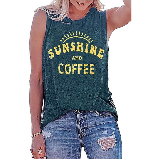 Sunshine and Coffee Tank Casual Summer Graphic Tank Tops para mujer Sin mangas Graphic Tank Tops Camisetas Adepaton WRHS-84-1