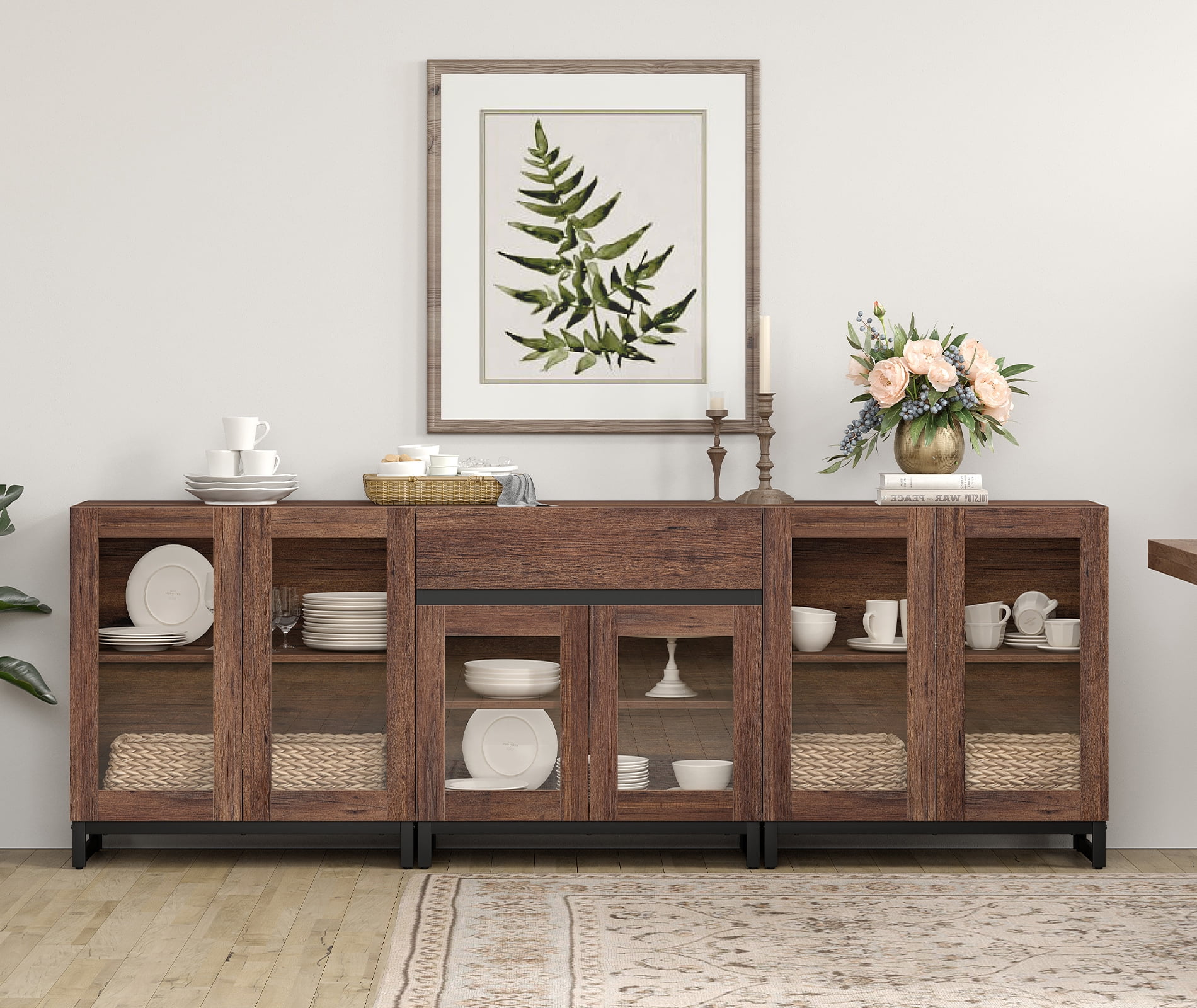 WAMPAT 3-in-1 Multifunctional Modern Sideboard Buffet with Glass Doors and Drawers, Adjustable Shelf & Metal Base for Coffee Bar & Storage Credenza