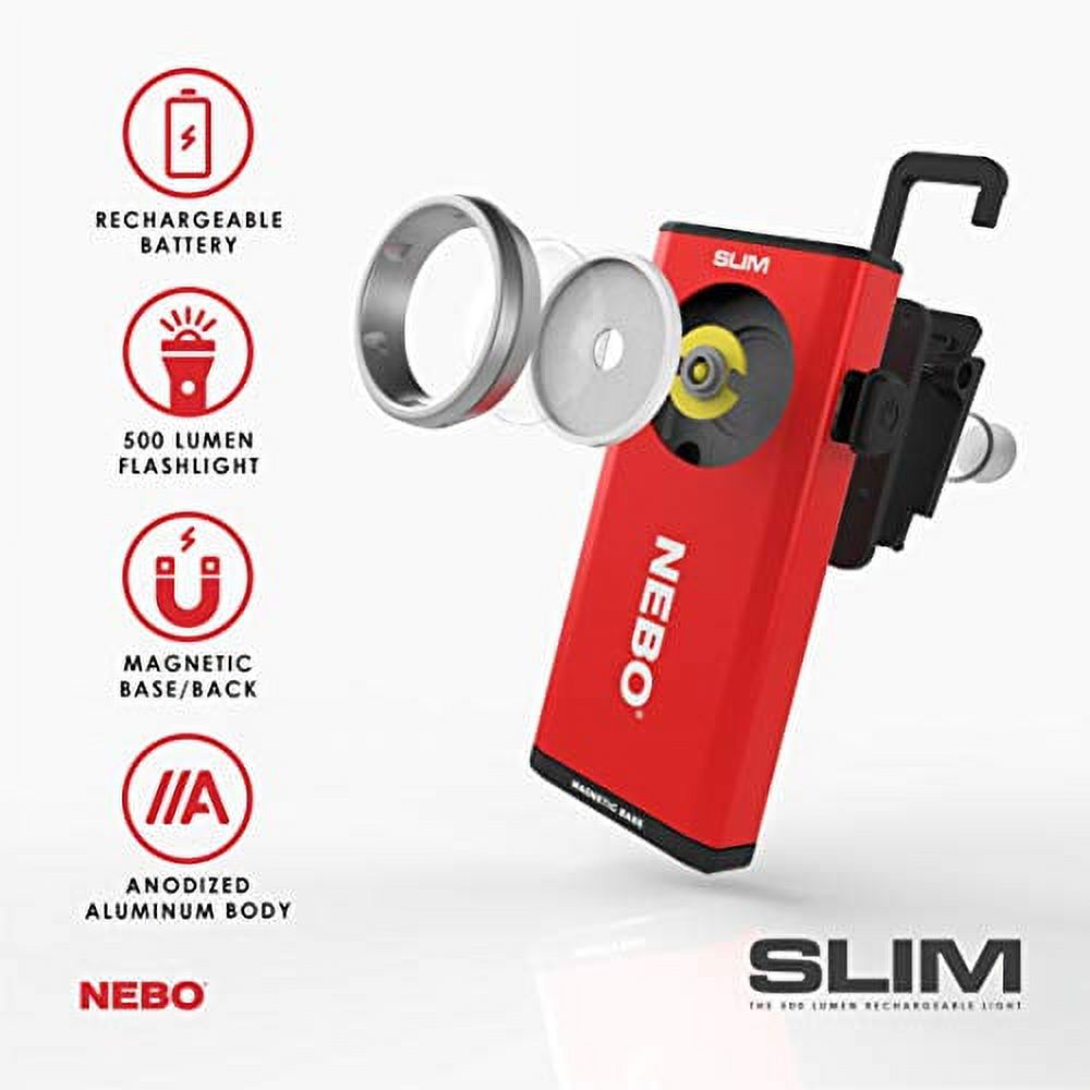 NEBO Rechargeable Flashlights High Lumens: 500-Lumen LED Flash Light Equipped With Dimming and Power Memory Recall; Featuring A Pocket Clip, Hanging Hook and Magnetic Base - NEBO SLIM 6694 Red - image 3 of 5