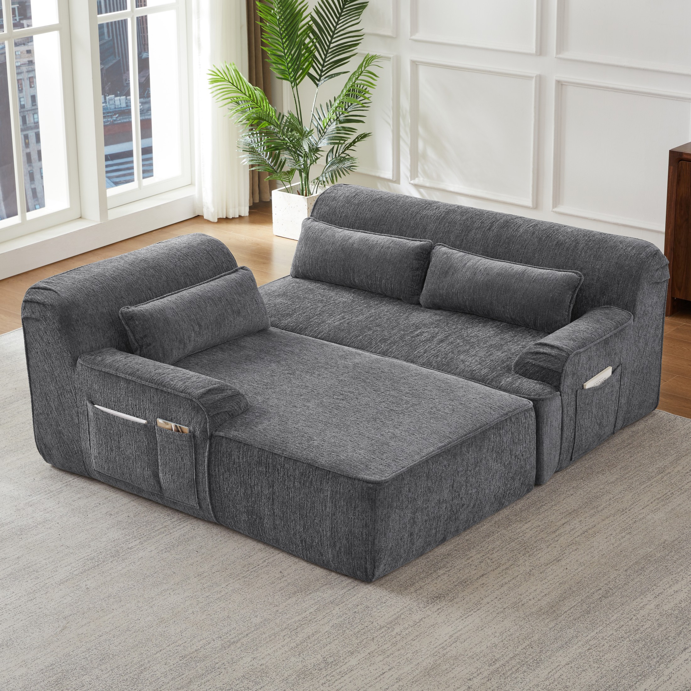 Aukfa 2-Piece Modular Chenille Sectional Sofa, 26.5" Deep Seat, No Assembly, Left Chaise, Gray