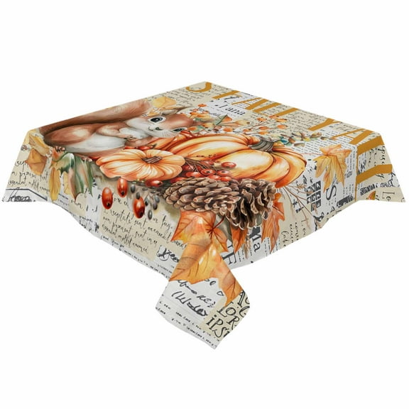 Thanksgiving Squirrel Pumpkins Square/Round Tablecloths 52x52,Orange Maple Retro Leaf Table Cloth Table Cover Indoor/Outdoor Tabletop Decor for Wedding Holiday Party Dinner Baby Shower