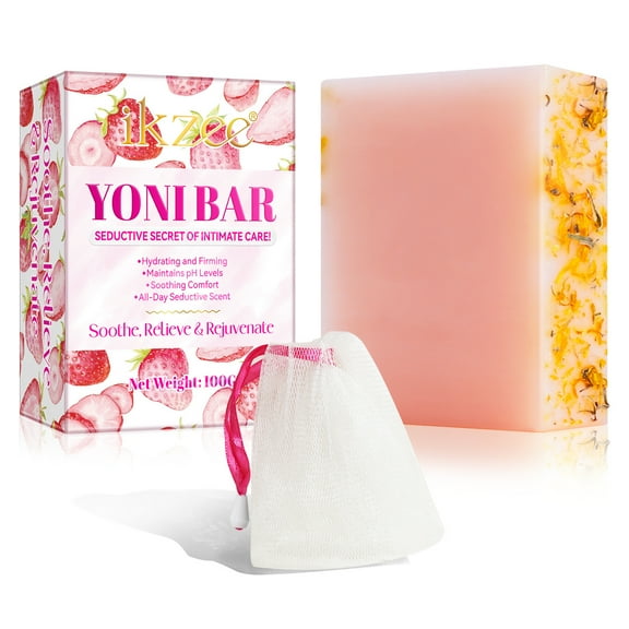 Strawberry Soap Bars for Women, Handmade Natural Bar PH Balanced & V Cleansing Bar Soap for Women, All Natural Soap Bar with Bubble Foam Net, Wash Away Odor 3.53oz/100g
