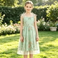 thumbnail image 2 of Girls Floral Embroidery Tulle Party Dress, Kids Spaghetti Strap Bow Tie Sweetheart Princess Gown, A-Line Midi Formal Dress for Wedding Holiday Party(Green,9-10 Years), 2 of 4