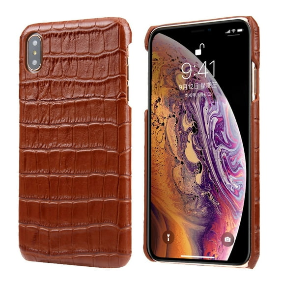 iPhone Xs Max Case, Allytech Genuine Leather Simple Crocodile Grain Design Hard Back Protective Case Lightweight Bumper Case Shock Resistant Cover for 6.5-inch iPhone Xs Max, Brown
