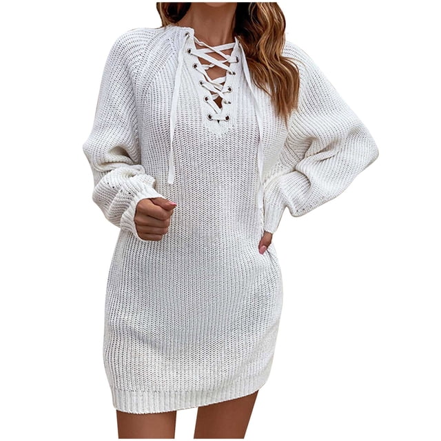 Vestidos Para Mujer Otoño Moda Casual Sólido Cuello en V Manga Larga Vendaje Vestido Suelto de Punto Blusa de Otoño Pulóver Tops Odeerbi ODB146468