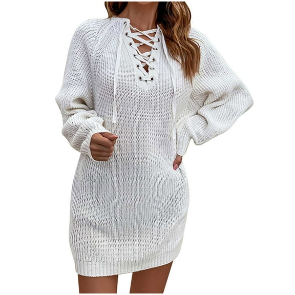 LYXSSBYX Long Sleeve Dresses Hot Sale Clearance Fashion Women Casual Solid V-Neck Long Sleeve Bandage Loose Knit Dress Autumn Blouse Pullover Tops