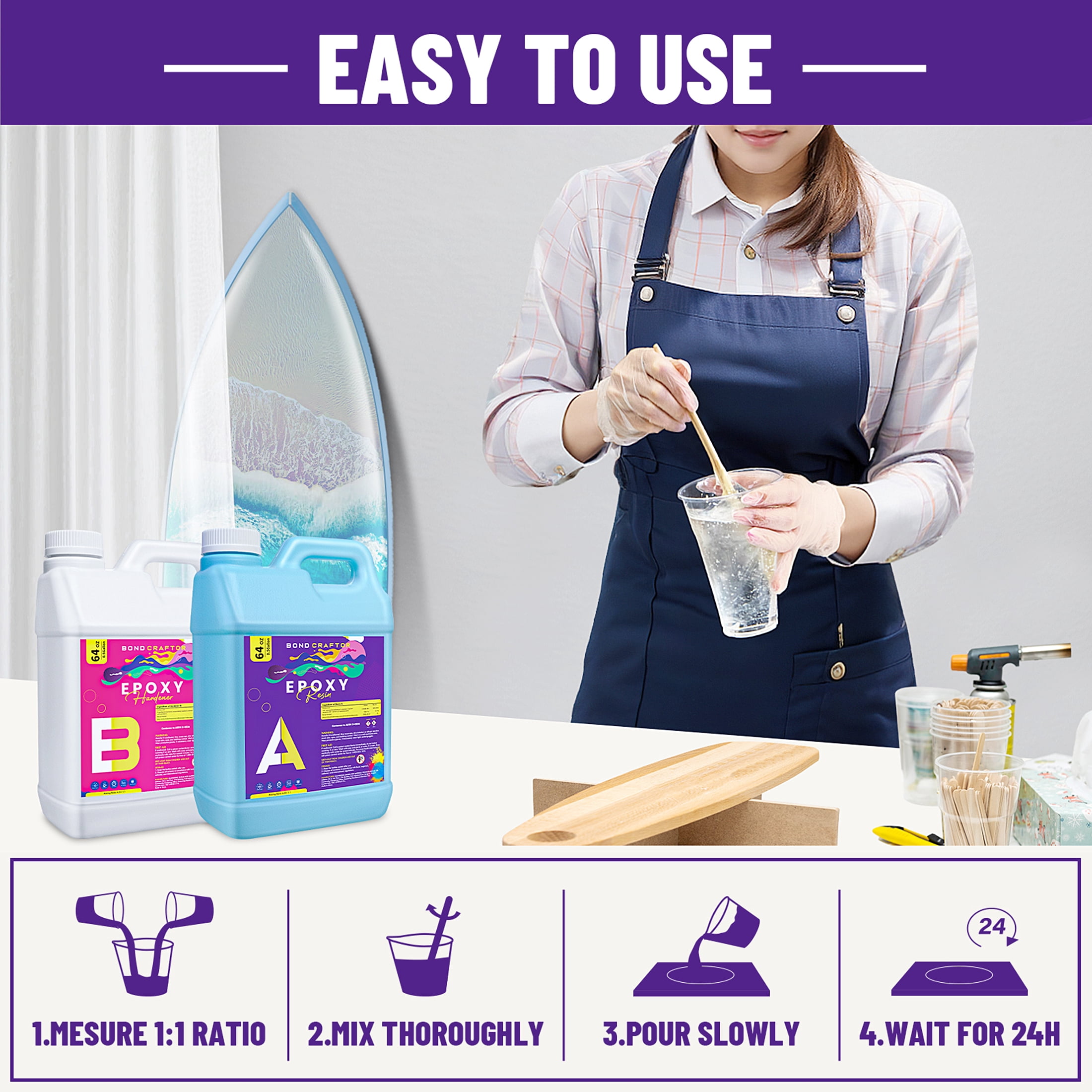 Bond Craftor 1-Gallon Crystal Clear Epoxy Resin Kit, Fast-Curing, Bubble-Free Resin Supplies for Artistic Paint, Casting, Craft, Jewelry making,Diy Wood