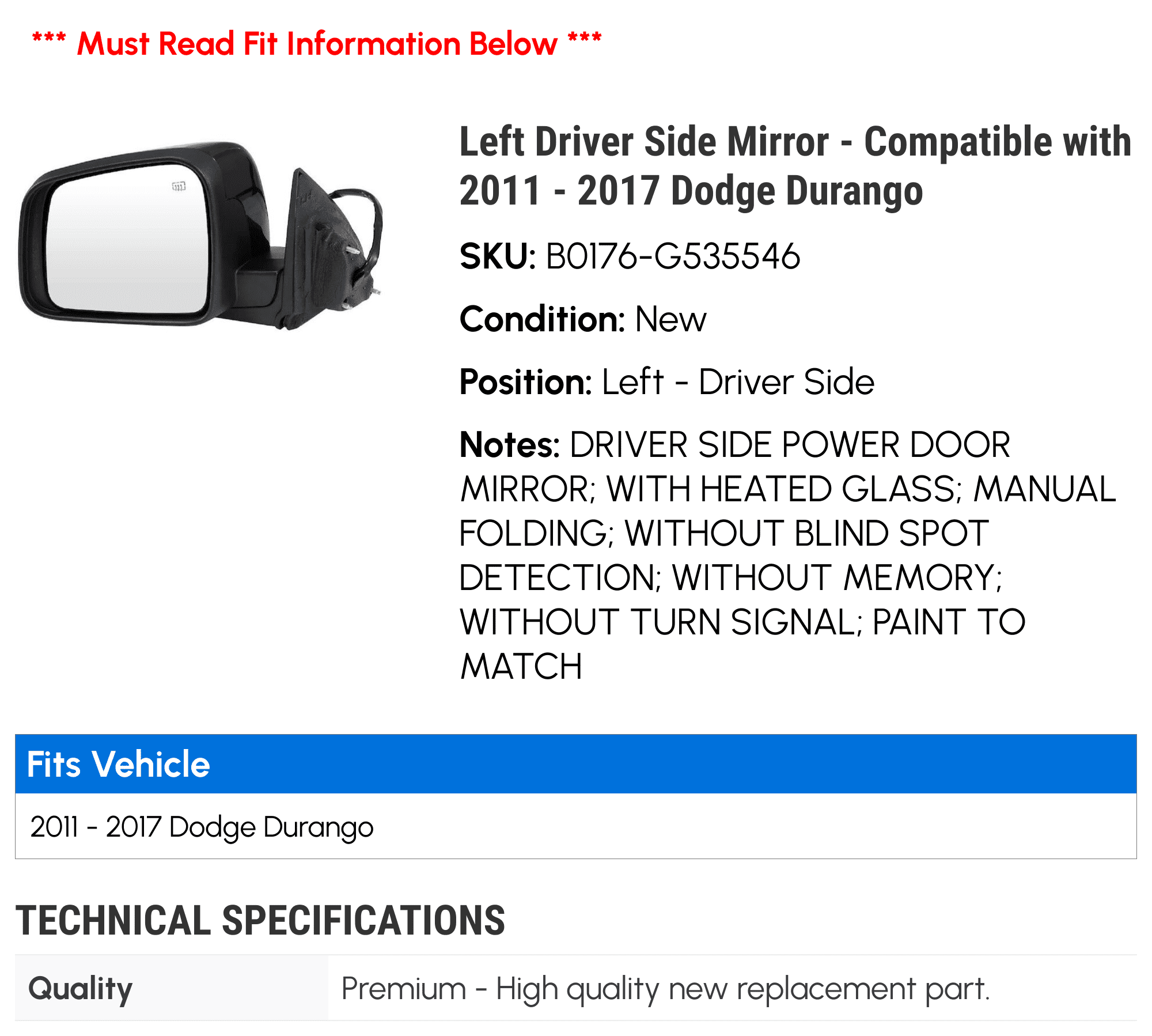Left Driver Side Mirror - Compatible with 2011 - 2017 Dodge Durango 2012 2013 2014 2015 2016
