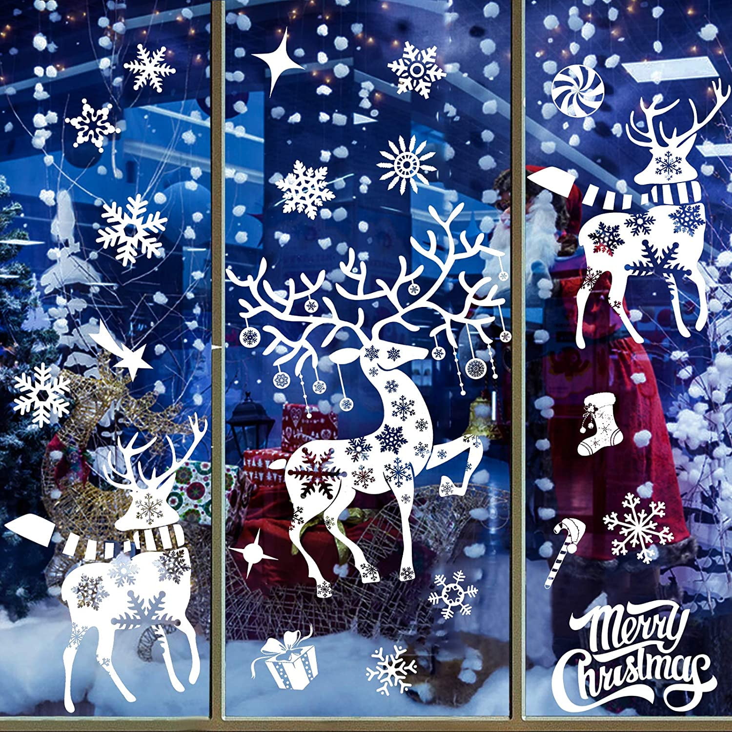 4 Sheet Christmas Window Stickers Clings, Snowflakes Reindeer Window