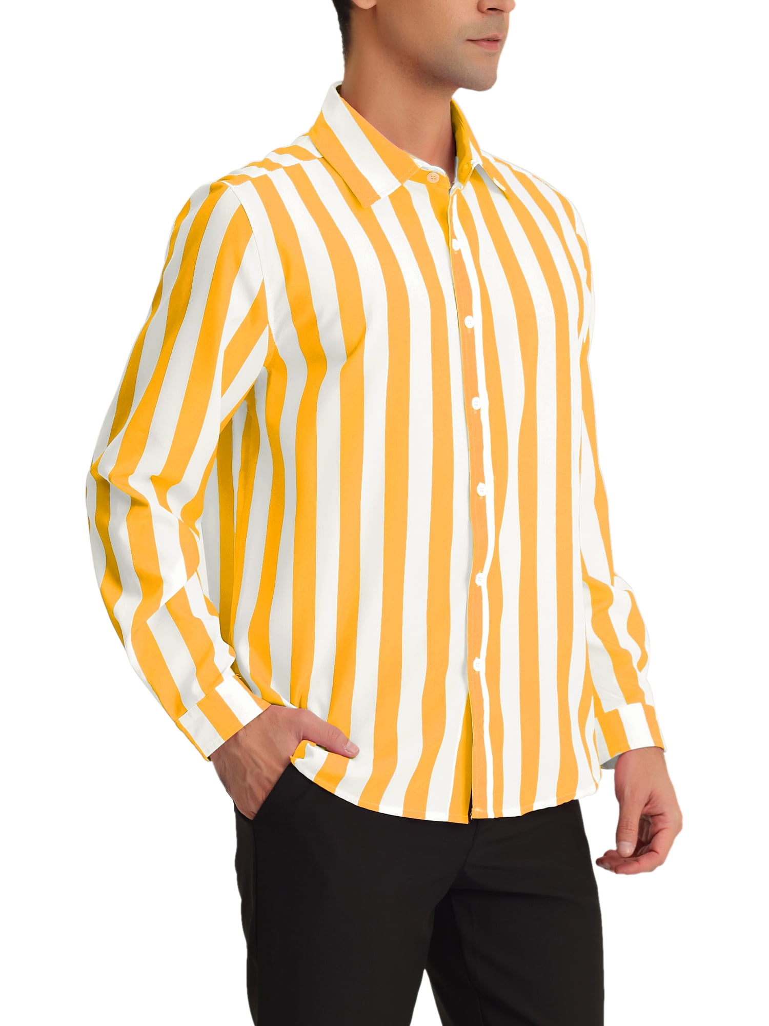Unique Bargains Men's Casual Striped Long Sleeves Button Down Dress Shirts 2XL Yellow White