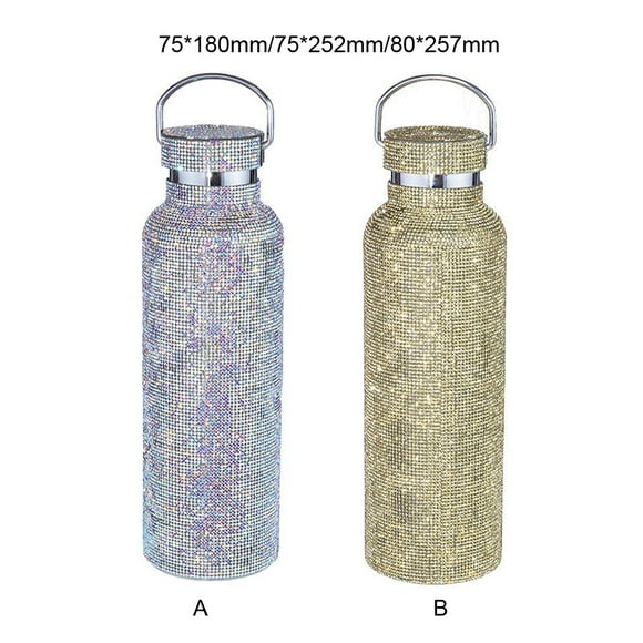 Inteprter Frasco de vacío con purpurina, taza recta con diamantes de imitación con asa, botella de café y leche, tetera para beber de acero Suministros térmicos Plata/500ml