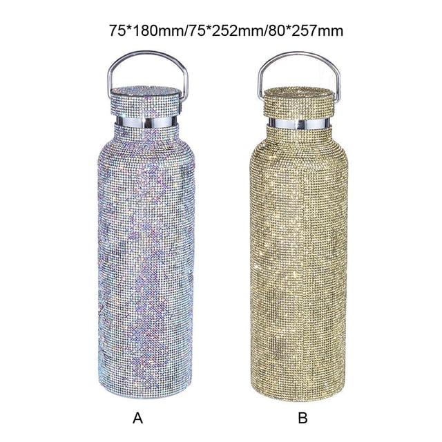 Matsuzay Frasco de vacío con purpurina, taza recta aislada con diamantes de imitación con asa, botella de té y café, tetera térmica para Suministros térmicos Negro/750ml