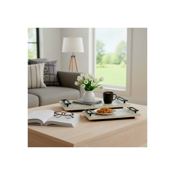 Trays for House, Bed, and Coffee Table Decor - Modern Decorative Trays with Sleek Handle Accents for Jewelries or Trinkets - Perfect Centerpieces for Table Decoration - Set of 2, 3", Black & White