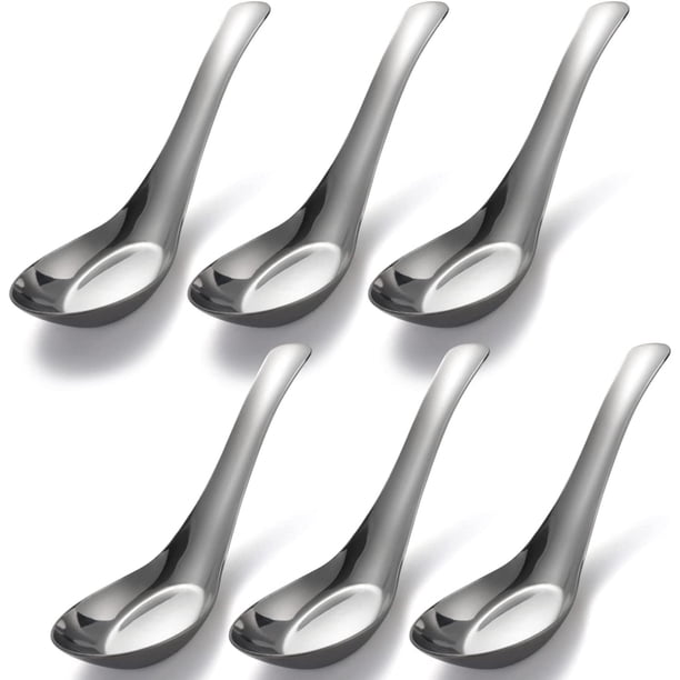 Xiao Hua Juego de 6 cucharas de acero inoxidable. Cuchara china con pulido de espejo. Cuchara asiática adecuada para caldos, postres, cereales, miso tailandés, fideos Lamian.