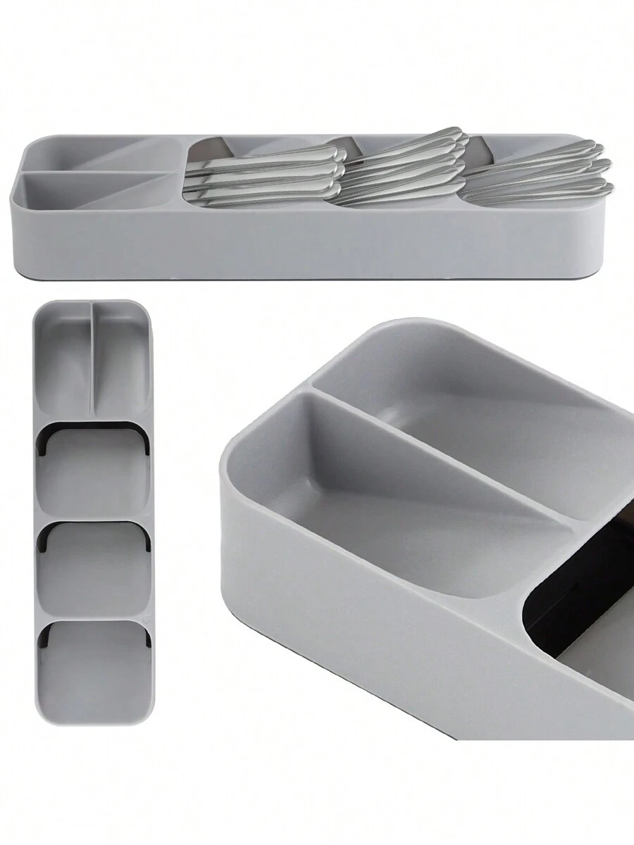 Kitchen Drawer Cutlery Organizer and Compact Space Saving Tray for Flatware, Silverware, and Utensils, Stackable Drawer Store Divider for Kitchen Organization and Storage, Gray