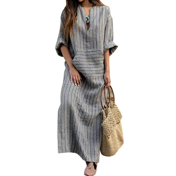 Nicesee - Nicesee Women Long Sleeve Loose Vintage Cotton Linen Dress ...