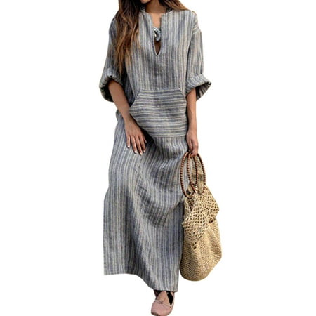 Nicesee Women Long Sleeve Loose Vintage Cotton Linen Dress Plus (Best Wedding Dress Style For Plus Size)