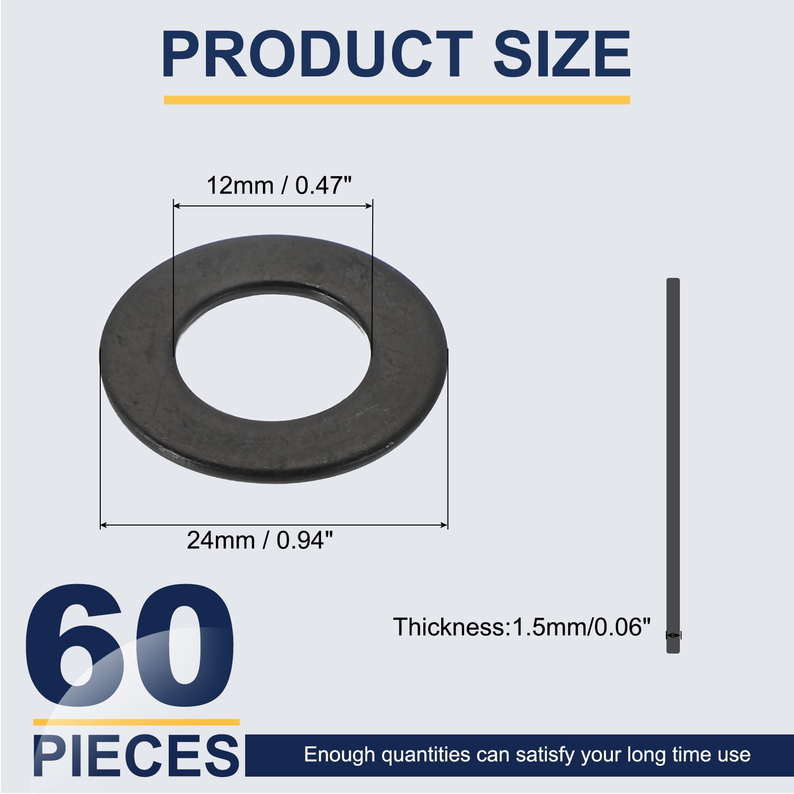 60 Pcs Flat Washer for Screws, Stainless Steel Washers 12mm ID x 24mm OD x 1.5mm Thick for Bolts, Factories Repair, Kitchens, Shops, Black