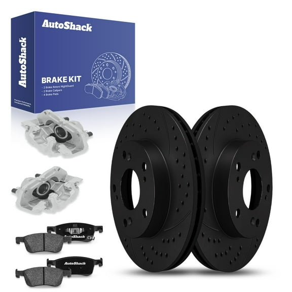 AutoShack Front Drilled & Slotted Brake Rotors Ceramic Brake Pads Calipers | Replacement for 2022-2024 Honda Civic 1.5L Si FWD | Black E-Coated | 8-PC Brake Kit | NightGuard