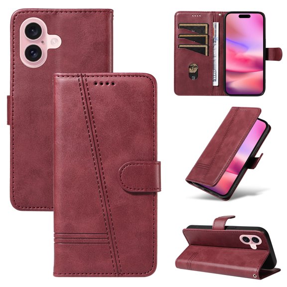 Allytechgroup Wallet Case for iPhone 16, Built-in Credit Card Slot & Lanyard RFID Blocking PU Leather Flip Case Shockproof Full Body Protective Cover for iPhone 16, Winered