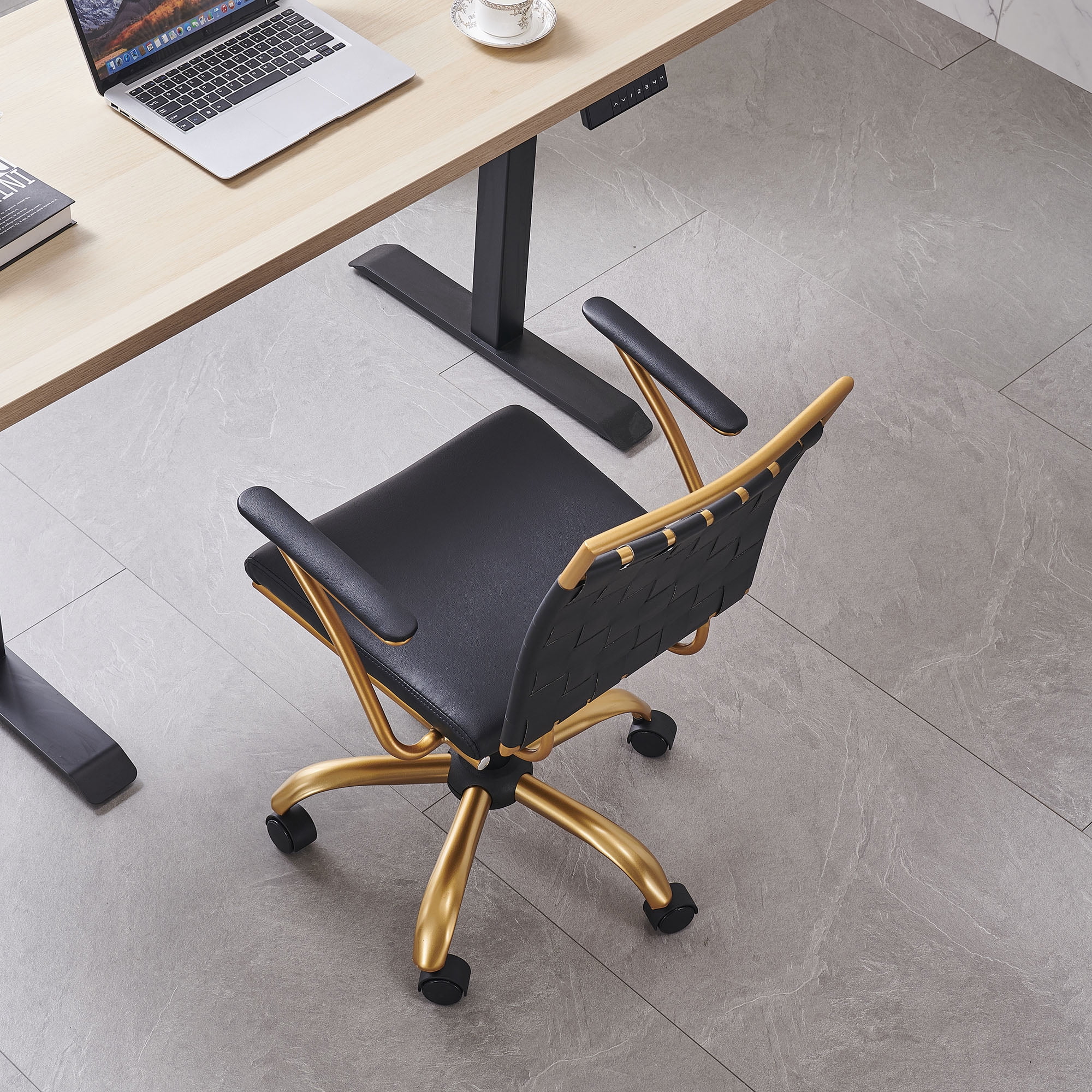 CAROCC Home Office Desk Chair Task Chair with Armrest Adjustable Swivel Chair in Durable Vegan Leather Gold Office Chair Ergonomic Desk Chair for Extra Back & Lumbar Support