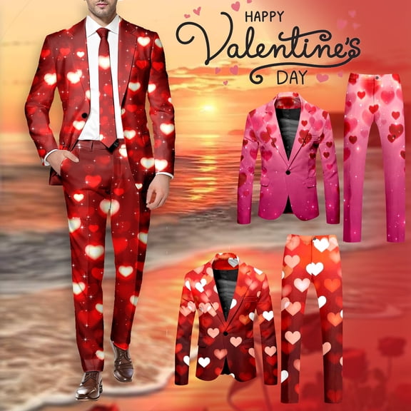 ASFGIMUJ Men's Valentine's Day Suit Set Heart Print Blazer Jacket and Pants 2-Piece Novelty Party Outfit