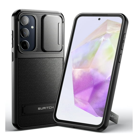 Suritch for Samsung Galaxy A35 5G Phone Case with Kickstand Slide Camera Protection Cover Shockproof Rugged Bumper Protective Case, Black