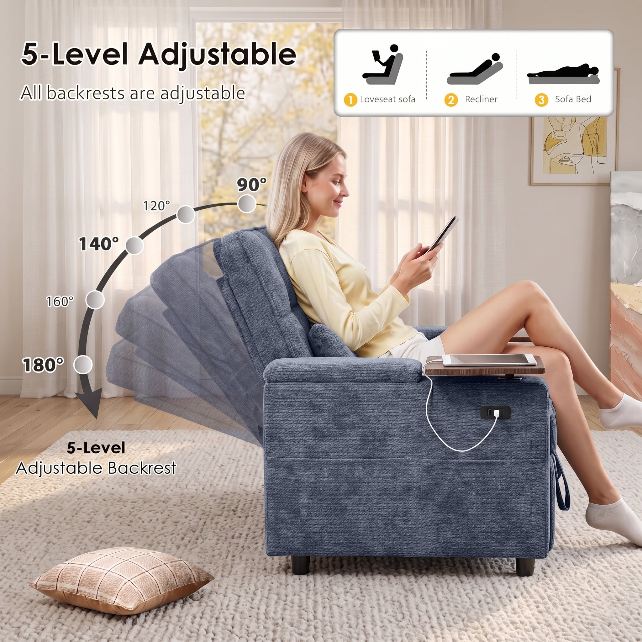 Xiweot 65" Sleeper Sofa Bed, 3-in-1 Convertible Chenille Futon Couch, Loveseat Sofa with Adjustable Backrest, Pull out Couch with Storage Armrest, Table & Pillows for Living Room Apartment (Blue)