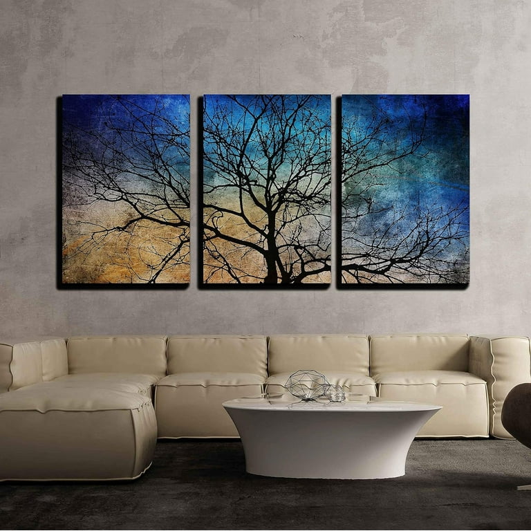 LevvArts 3 Pieces Large Tree Painting on Canvas Modern Blue and Orange Tree  Art Picture Print for Home Living Room Decor Gallery Canvas Wrapped Ready