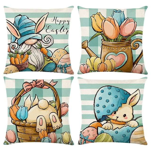 Birdeem 4Pcs Easter Print Pillowcase Linen Sofa Cushion Cover Home Decor Cushion Cover Family Pillowcase