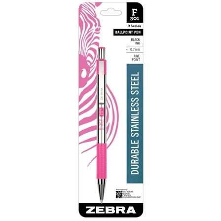 Zebra F-301 Stainless Steel Retractable Ballpoint Pen, 0.7mm, BCA Pink Barrel, Black Ink, 1-Count
