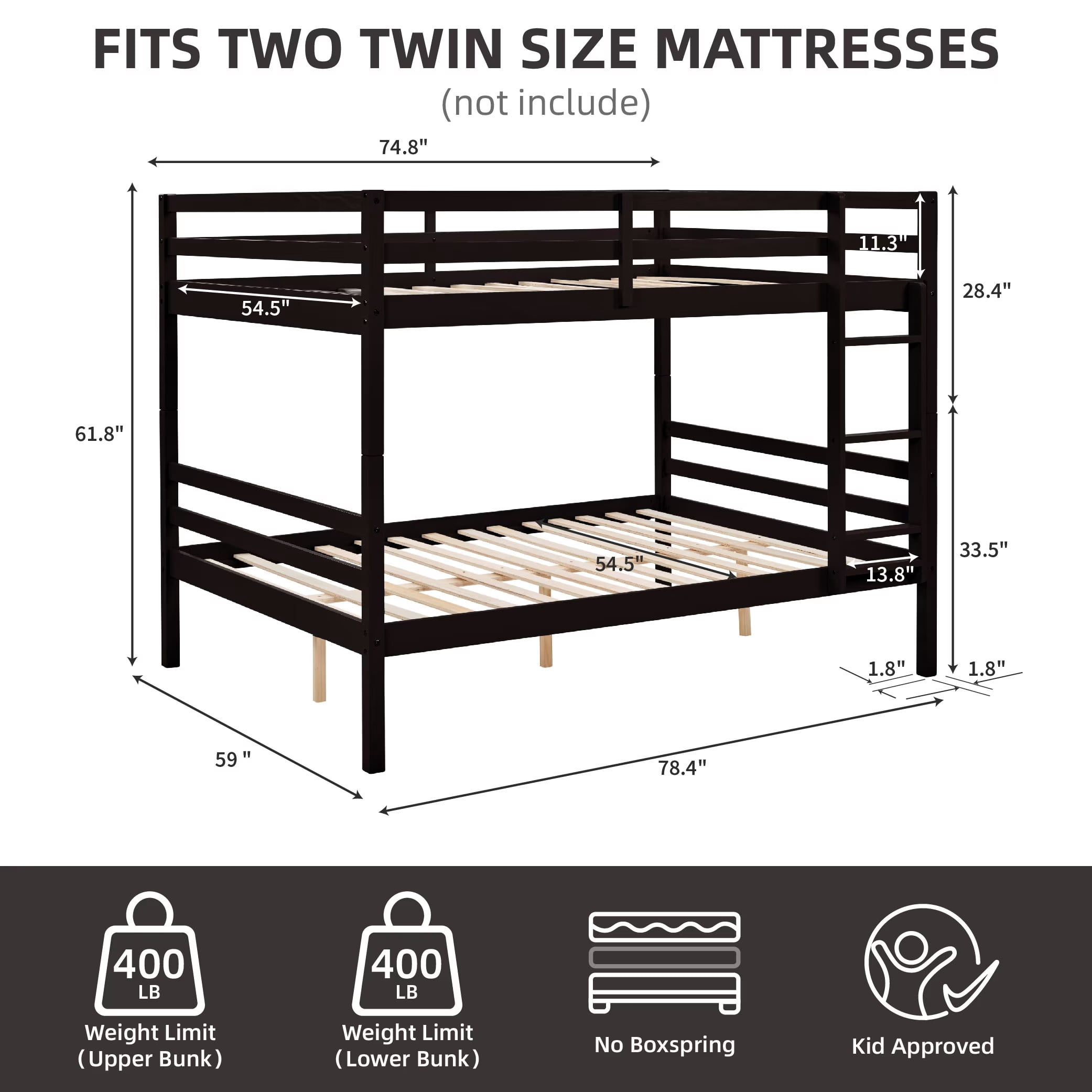 Full Over Full Bunk Bed, Solid Wood Bunk Bed Frame with High Guardrails and Ladder, Heavy Duty Wooden Slats, No Box Spring Needed for Kids, Teens, Guest Room, Espresso