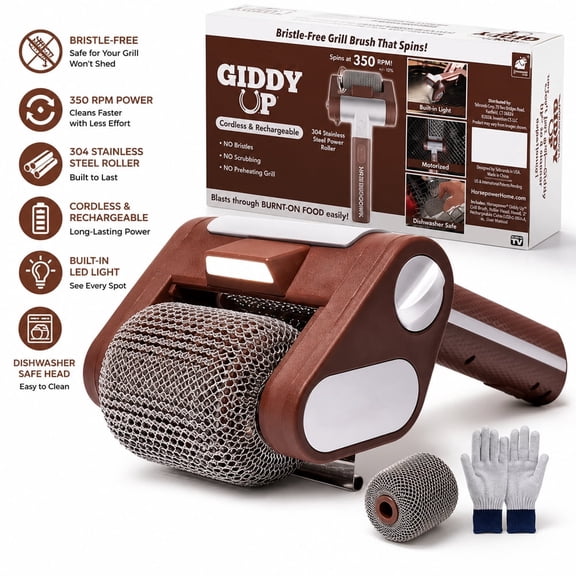 Electric Grill Brush, BBQ Grill Cleaner with 350 RPM Stainless Roller & LED Light, Grill Cleaning Tool for Home, Patio, Camping, Outdoor, Cordless & Rechargeable, Brown