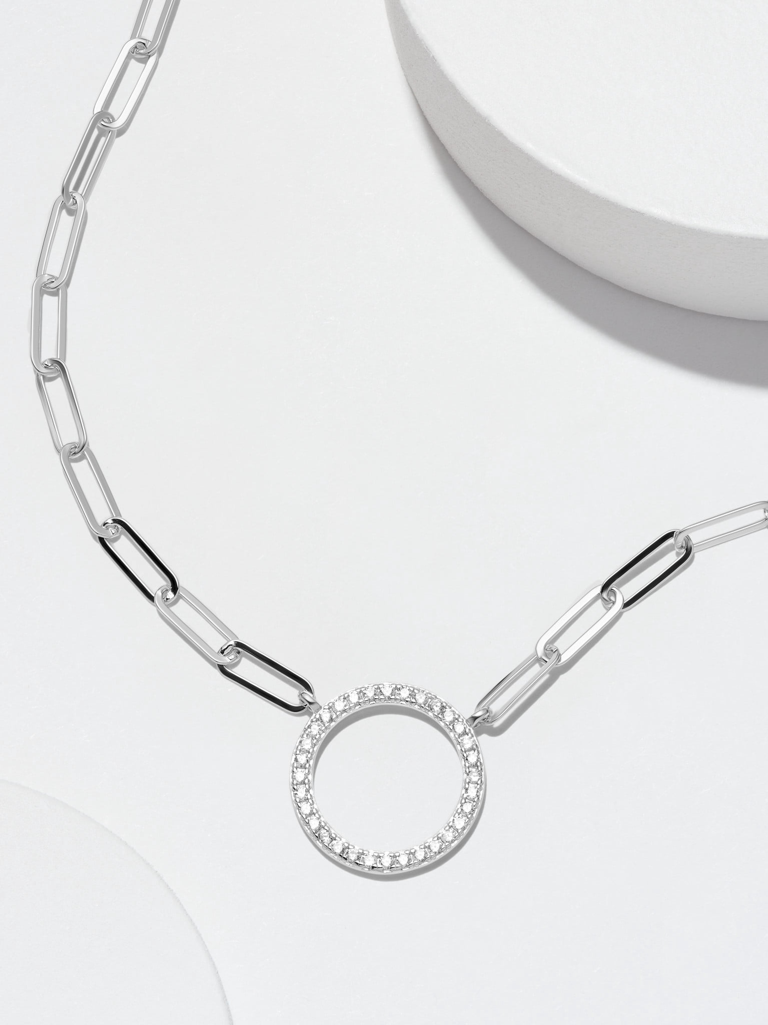 Forever Facets CZ Circle Paperclip Necklace Hand Set in Sterling Silver, 18" + 2" Extension