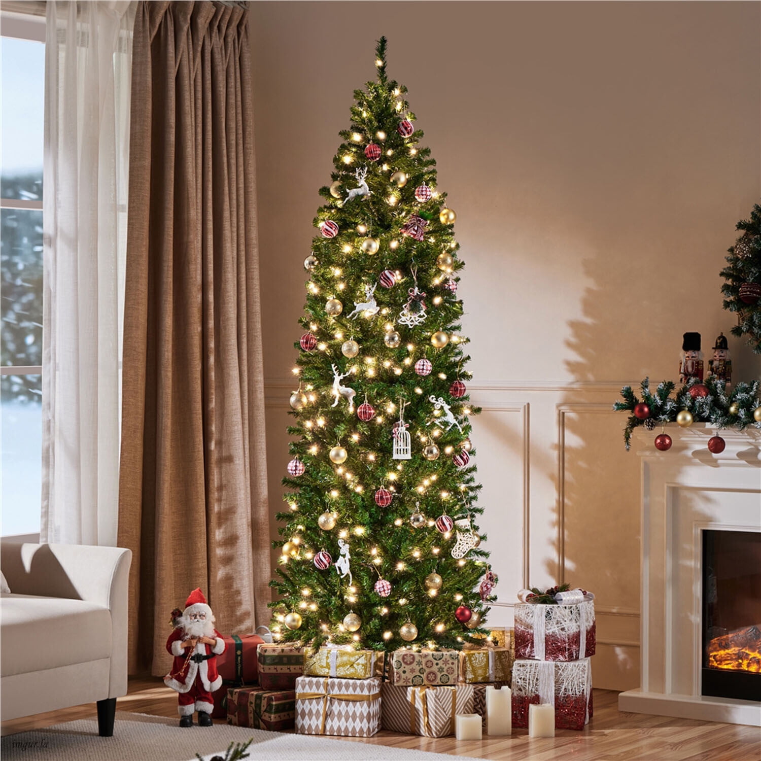 Alden Design 7.5FT Pre-lit Pencil Artificial Christmas Tree with Stand and 350 LED Lights,Green