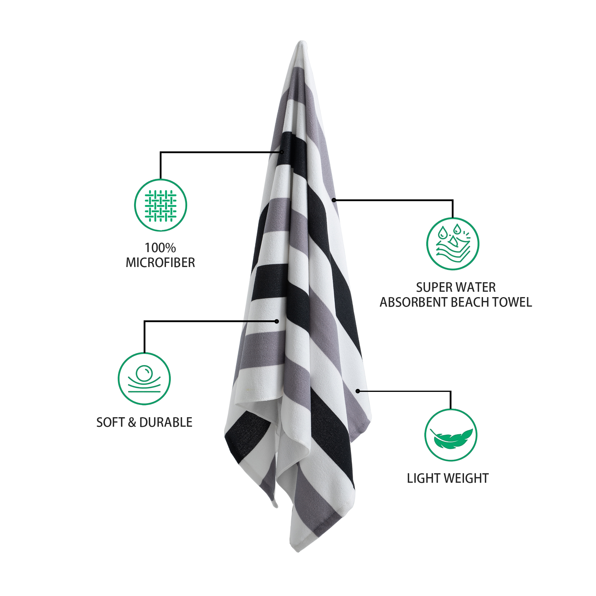 Jessy Home 4 Pack Large Oversized Beach Towels Set 30"*60" Cabana Stripe Pool Towel Gray Black Beach Sheet Towel