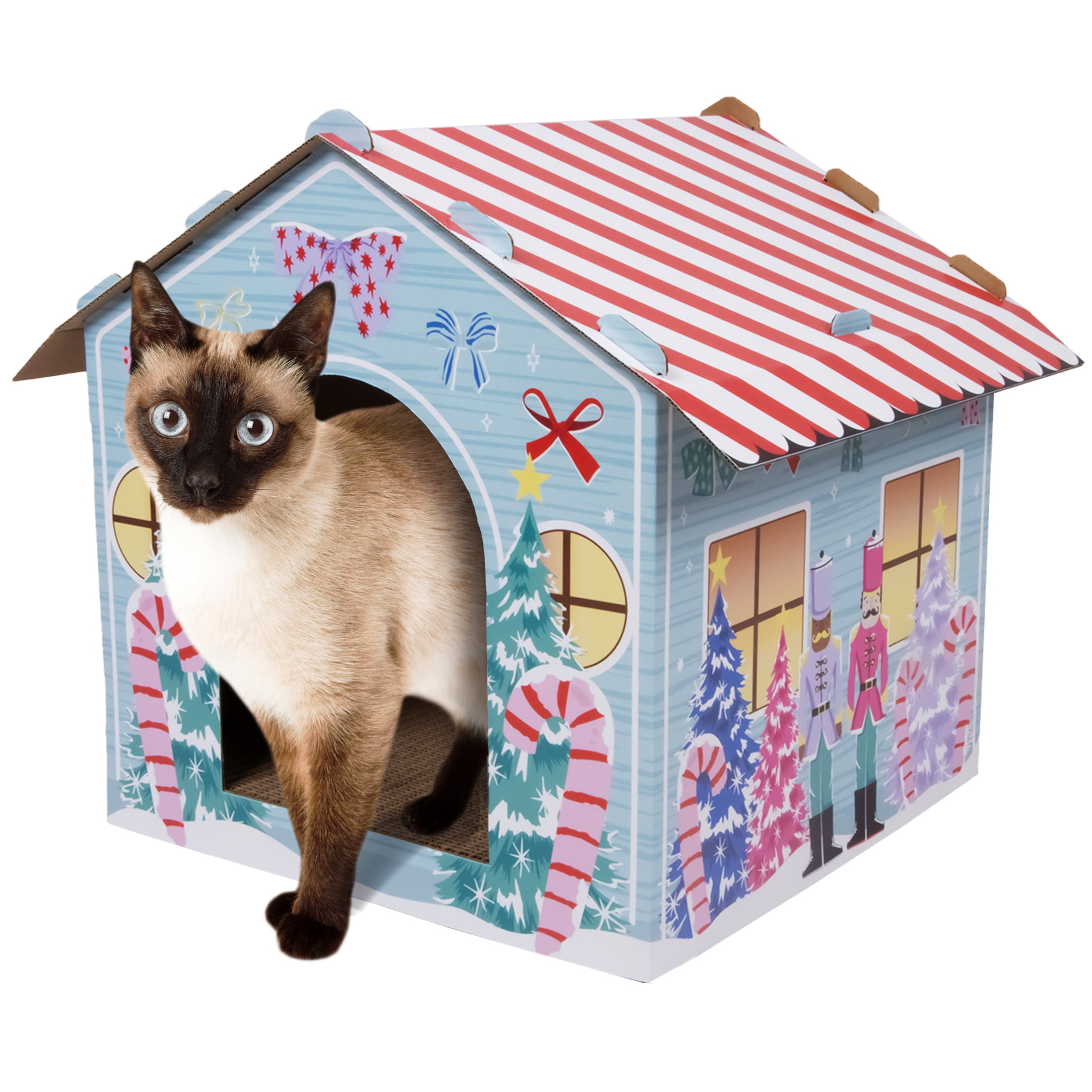 Kitty City Christmas Winter Wonderland Cardboard Cat House with Corrugate Scratching Pad, Multicolored, One Size